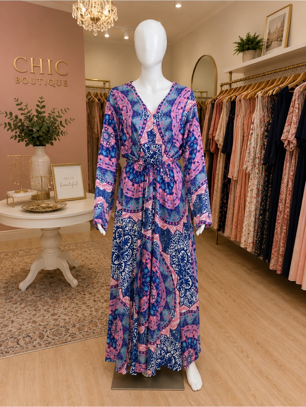 NWOT Pink & Blue Paisley V-Neck Front Button Tie-Waist Maxi Dress